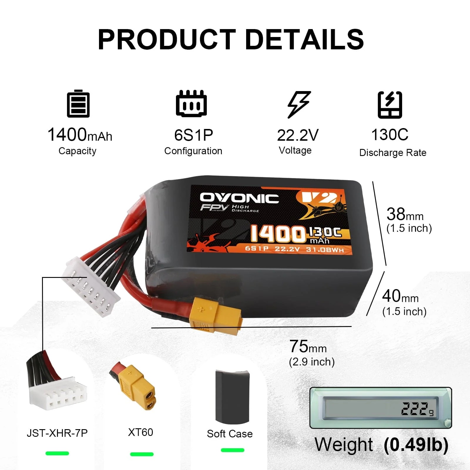 Drone Frame 5 Inch - Ovonic 6S 1400mAh 130C LiPo Battery